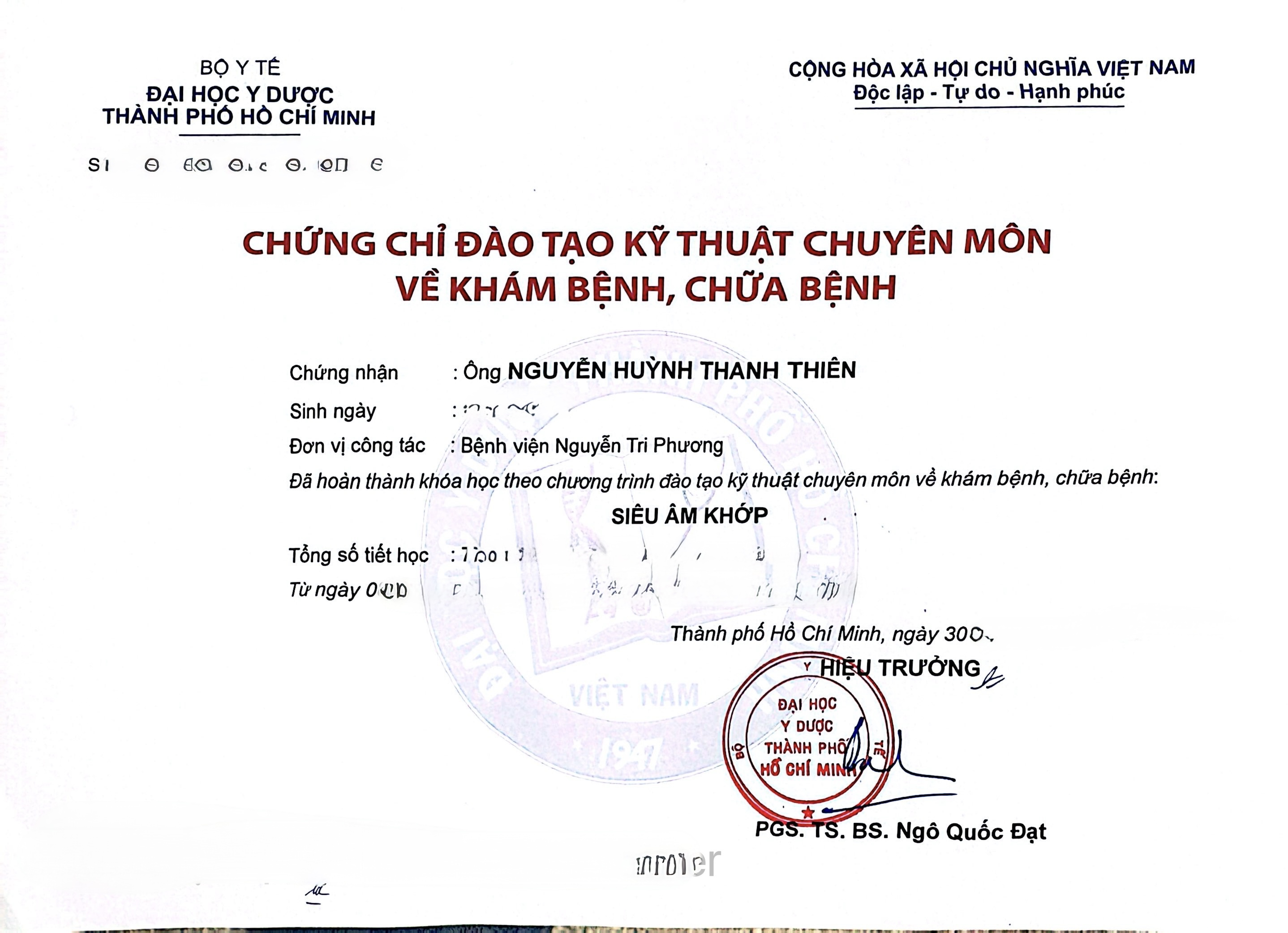 Chứng chỉ đào tạo kỹ thuật chuyên môn về Siêu âm khớp